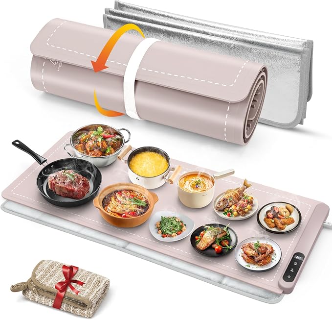 FYY Extra Large Warming Mat for Food with Heat Resistant Pad, Prevent Countertop Cracks, Keep Meal Warm, Rapid and Full Surface Heating, 6 Temp Settings, 6H Timer, Rollable Portable Food Warmer, Pink