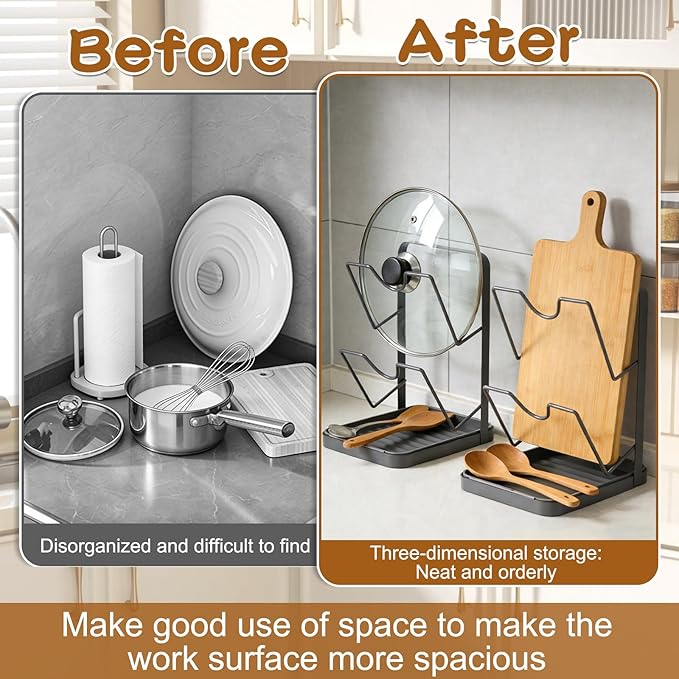 Kitchen Pot Lid Storage Rack, Pot Lid Holder With Tray, Multifunctional Double-layer Kitchen Organizer Stand, Lid And Spoon Rest While Cooking for Stove Top (Gray)