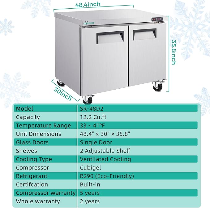 48" Commercial Double Door Worktop Refrigerator, 12.2 Cu.ft Stainless Steel Undercounter Prep Table Fridge, R290 Commercial Cooler with Casters