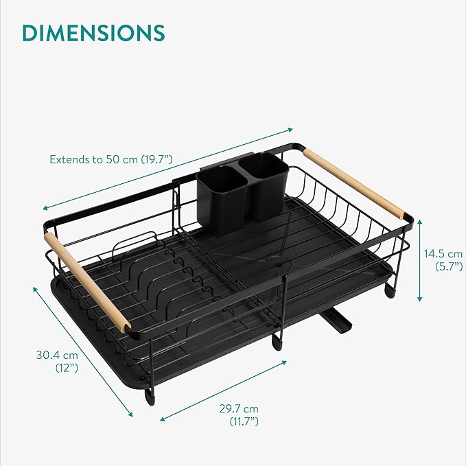 Navaris Expandable Dish Rack - Adjustable Draining Board for Drying Dishes - Removable Plates and Cutlery Holder - Kitchen Sink Washing Up Drainer with Plug and Drip Tray - Black