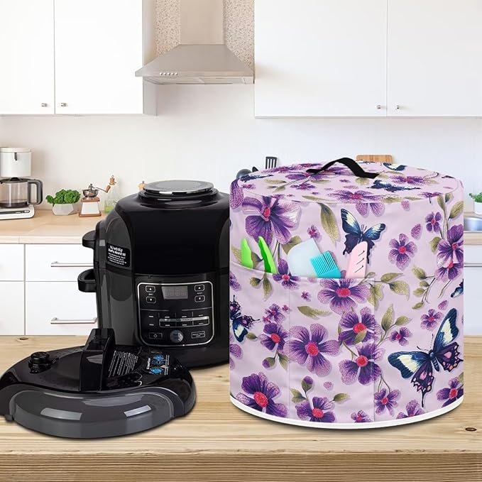 Purple Butterfly Flower Dust Cover for Kitchen Instant Pot Accessories Appliance Cover Quart Pressure Cooker Air Fryer Rice Cooker Kitchen Appliance Dust Covers with Storage Pockets Size S