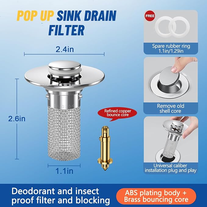 Vakabiu 2024 New Pop Up Bathroom Sink Drain Strainer Hair Catcher, Sink Drain - Image 4