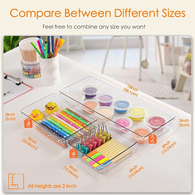 Drawer Organizer, 10 Pack Large Clear Plastic Set, 3 Size Versatile Bathroom - Image 3