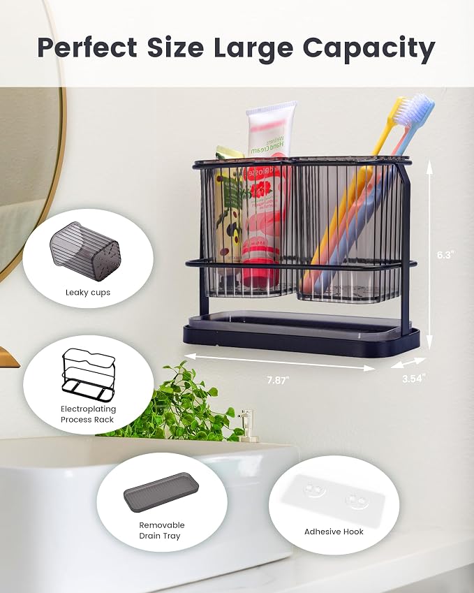 Black Toothbrush Holders for Bathrooms, 2 Cups Toothbrush Holders Wall Mounted - Image 2