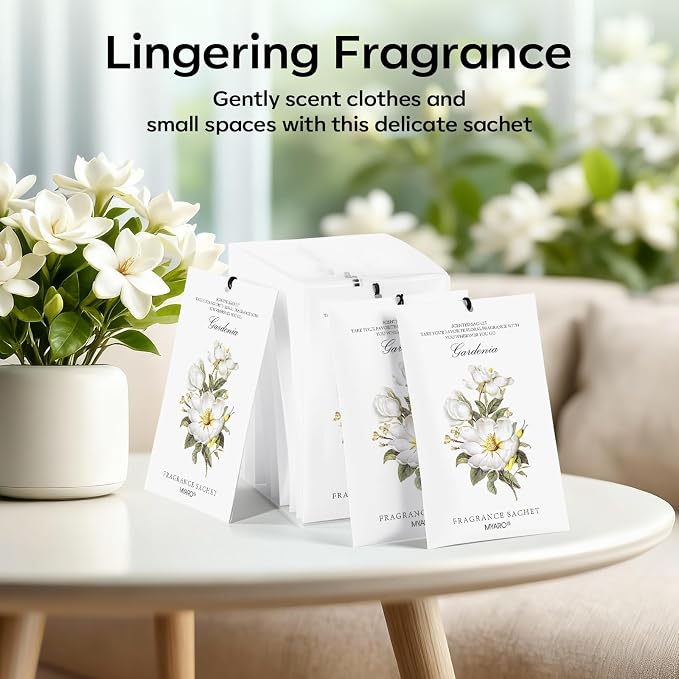 MYARO 12 Pack Gardenias Scented Sachets, Closet Deodorizer Car Freshener - Image 4