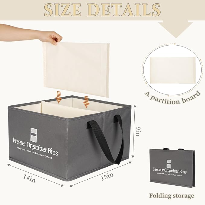 Freezer Organizer Bins, Collapsible Deep Freezer Organizer Bins for 15"x14"x9", freezer Storage Bins with Removable Dividers, Handles (Dark Grey, 1 Pack)