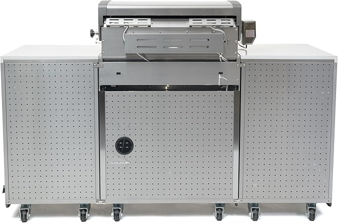 Mont Alpi Premium 70"W x 24"D Stainless Steel Compact Outdoor Kitchen Island with Access Doors + 32"W 4-Burner BBQ Gas Grill with Infrared Rear Burner + Storage Cabinets + White Granite Countertops