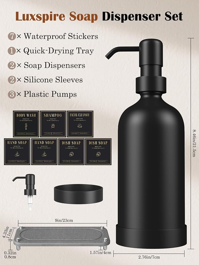Luxspire 17 oz Glass Liquid Soap Dispenser Set, 2 Pack | Anti-drip pump - Image 7