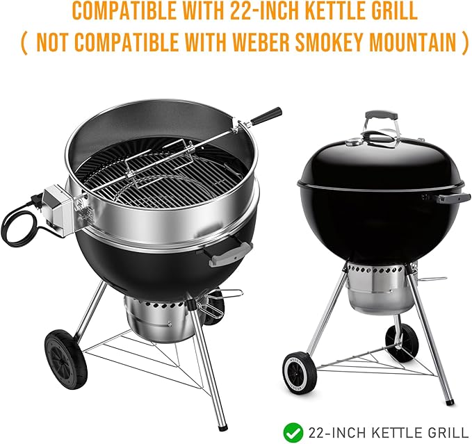 Skyflame Charkettle Stainless Steel Rotisserie Ring Kit for 21 1/2–22 1/2 inch Outer Diameter Charcoal Kettle Grills, Compatible with Weber 2290 and Other Models