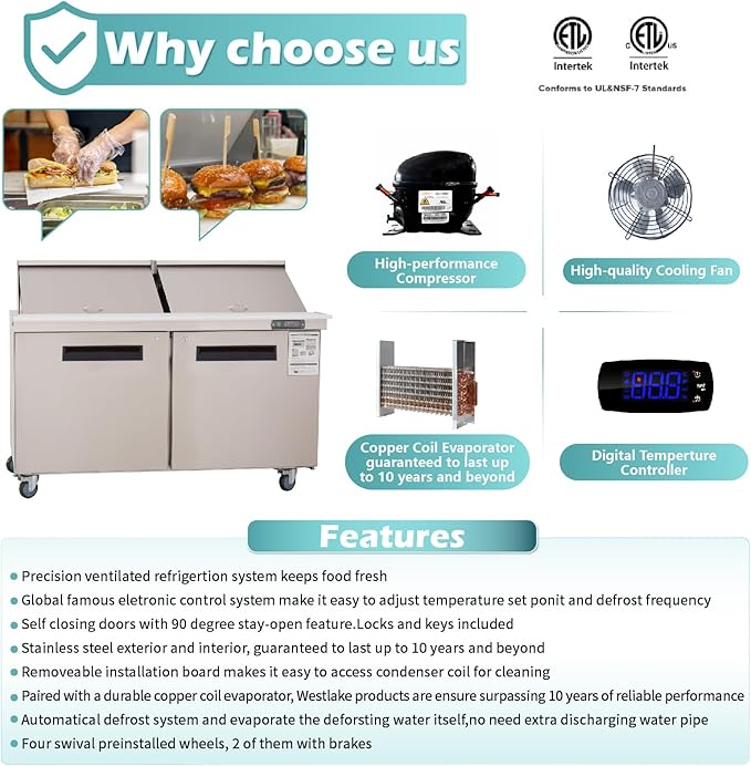 WESTLAKE 60" W 2 Door Refrigerator Sandwich & Salad Prep Table Commercial Mega Top Refrigerator Stainless Steel Counter Fan Cooling with 24 pans-60 Large Capacity Inches for Restaurant