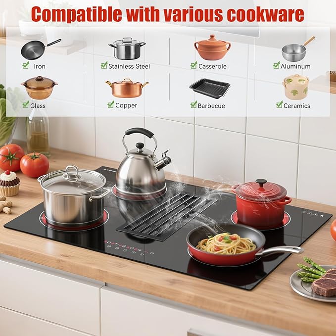 Karinear 30 Inch Electric Cooktop with Downdraft Range Hood, 4 Burners Glass Radiant Stovetop 240V Hardwired, 9 Power Levels, Timer, Pause, Child Lock, 3-Speed Exhaust Fan(No Exhaust Pipe Required)
