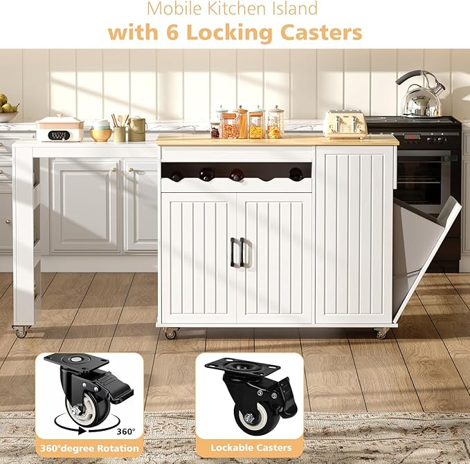 Modern Rolling Kitchen Islands with Extendable Dining Table, Hidden Trash Can Storage, Mobile Island Cart on Wheels with Storage for 2,Rubberwood Top,Storage Cabinet, Drawers & Wine rack,White