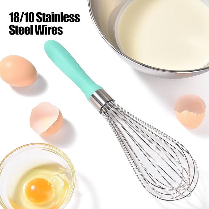 18/8 Stainless Steel Balloon Whisk, Doosu Kitchen Whisk for Cooking Handheld Egg Beater with Rust-Proof Sturdy Wires & Non-Slip Silicone Handle for Beating, Stirring, Blending (8 Wires, Aqua Sky)