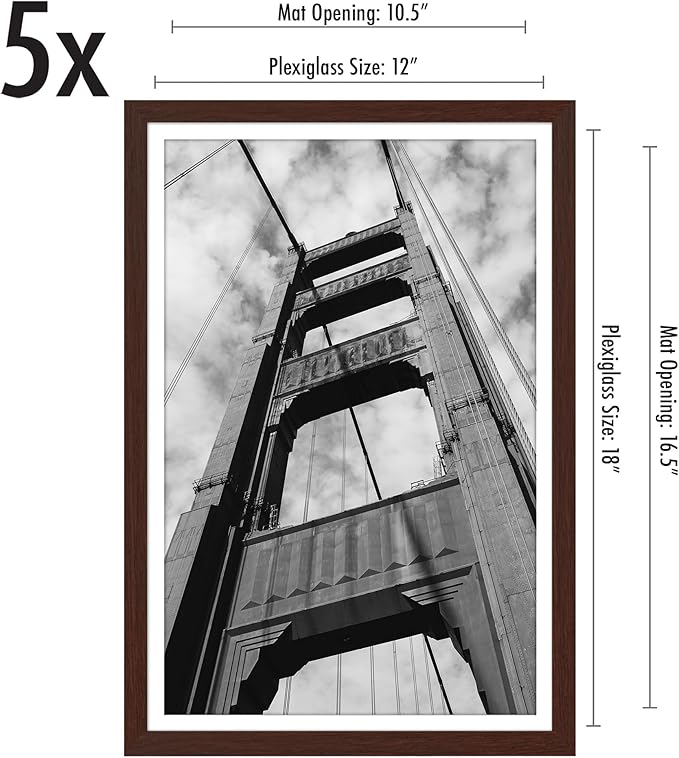 Americanflat 12x18 Poster Frame with Polished Plexiglass - Set of 5 - Use as 11x17 Frame with Mat or Display 12x18 Photo Without Mat - Galleria Collection - Picture Frames for Wall Display - Mahogany