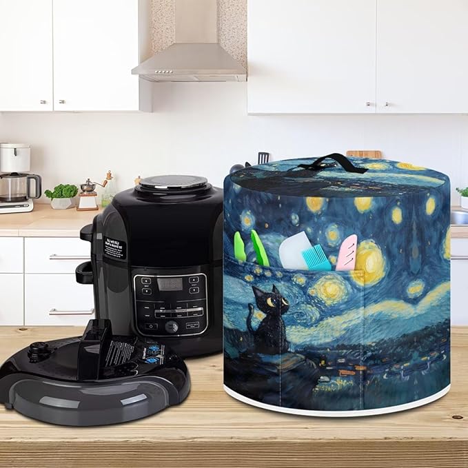 Xoenoiee Cat and Starry Night Pattern Kitchen Appliance Dust Covers with Pockets, Electric Pressure Cooker Cover Compatible with Crock Pot, Rice Cooker Cover, for 3 Qt