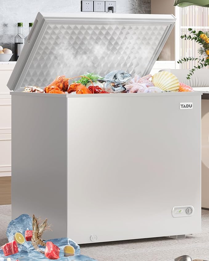 TABU 12.0 Cu Ft Chest Deep Freezer, Large Freestanding Chest Freezer with 7 Level Adjustable Thermostat, Compact Top-opening Deep Freezer with Removable Storage Basket, White
