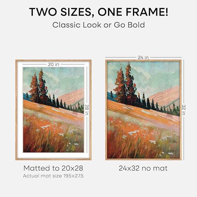 Homeforia 32x24 Poster Frame Wood, High End Natural Oak 24x32 Large Picture Frame with Mat 20x28, 24 x 32 Light Wooden Frame Matted to 20 by 28 Photo, 24by32 Frames, Tempered Glass, Wall Kit, Set of 2