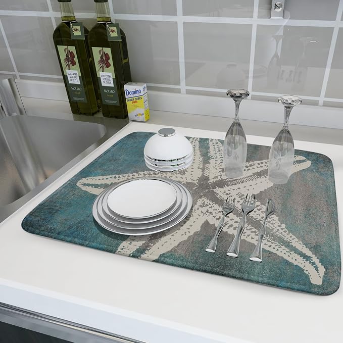 Giwawa Vintage Starfish Dish Drying Mat Coastal Beachy Nautical Drainer Rack - Image 6