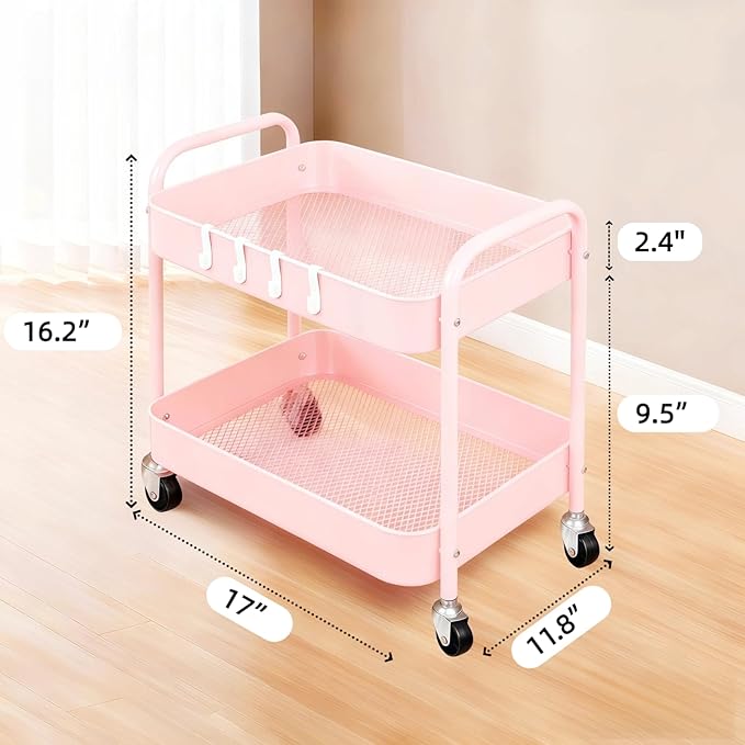 Pink 2 Tier Rolling Cart Metal with Wheels Under Desk Storage Cart for Small Space Organization, Small Trolley for Pantry Room Laundry Bathroom Kitchen Office Art Snack Baby Supplies