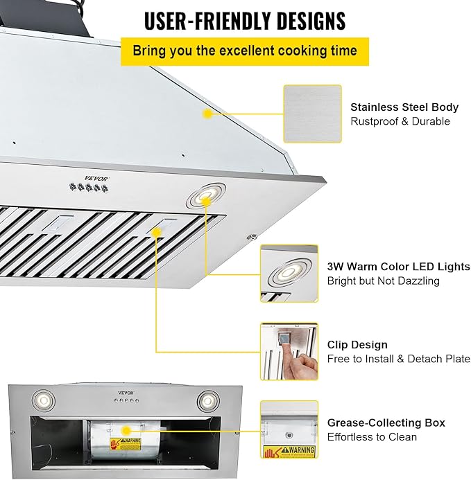 VEVOR Insert Range Hood, 800CFM 3-Speed, 36 Inch Stainless Steel Built-in Kitchen Vent with Push Button Control LED Lights Baffle Filters, Ducted/Ductless Convertible, ETL Listed…