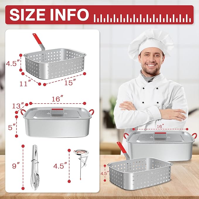 18QT Aluminum Deep Fryer Pot with Basket | Lid | 9" Fryer Tong | 6" Thermometer | Outdoor Fish Fryer Pot | Ideal for Frying Fish | French Fries | Chicken Wings