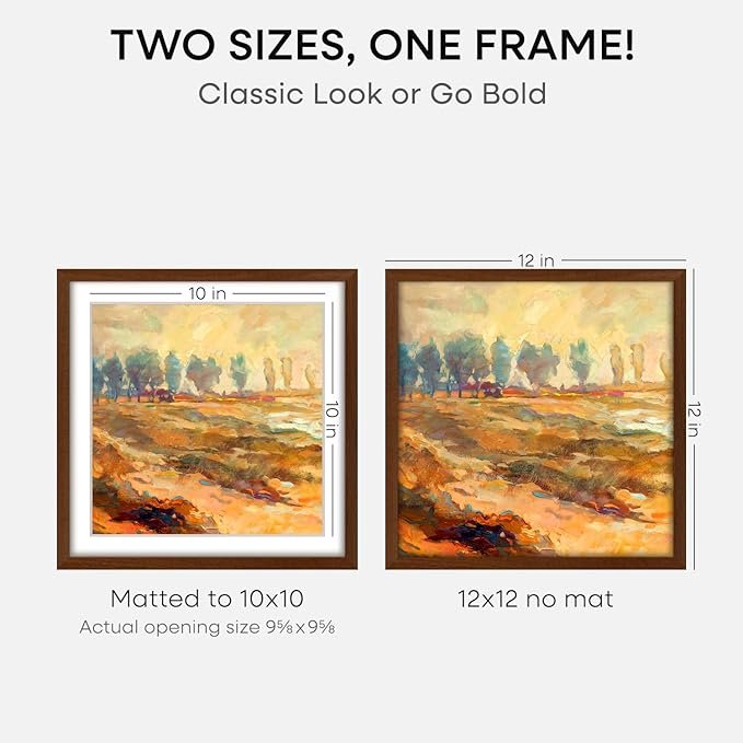 Homeforia 12x12 Frame Brown Wood, High End Dark Oak 12 x 12 Square Picture Frame with Mat 10 x 10 for Photo, 12by12 Wooden Walnut Poster Frame Matted to 10x10 Print, Tempered Glass, Wall Kit, Set of 3