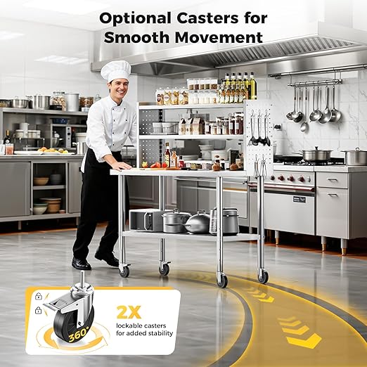 48x24 in NSF All Stainless Steel Table with Adjustable Shelf & Pegboard Panels & Casters, Kitchen Prep Table Commercial Heavy-Duty Worktable with Large Space Storage for Restaurant Garages
