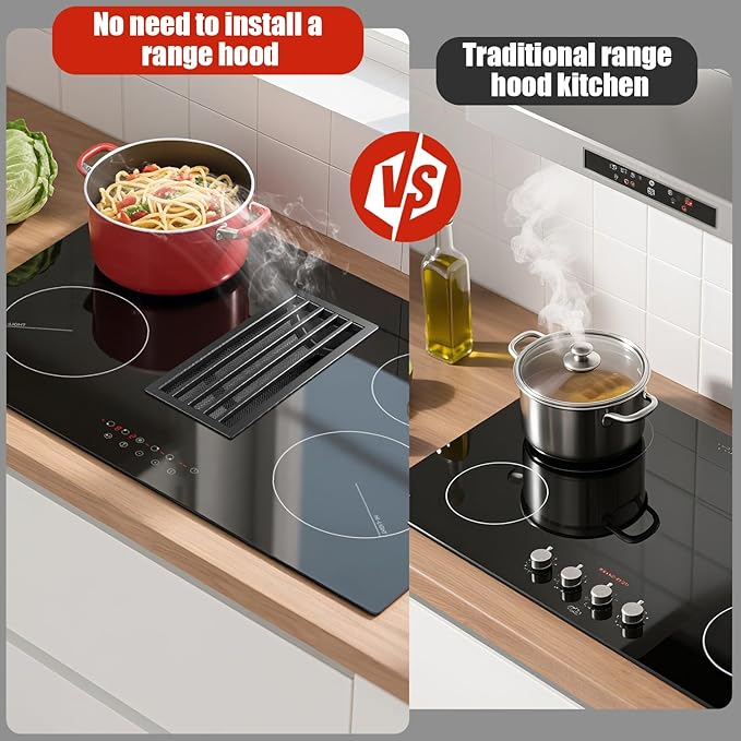 Karinear 30 Inch Electric Cooktop with Downdraft Range Hood, 4 Burners Glass Radiant Stovetop 240V Hardwired, 9 Power Levels, Timer, Pause, Child Lock, 3-Speed Exhaust Fan(No Exhaust Pipe Required)