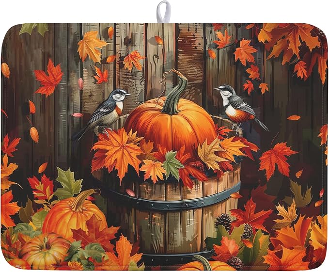 Fall Pumpkin Dish Drying Mat for Kitchen Counter 18x24 Inch Autumn Maple Leaves by Kawani