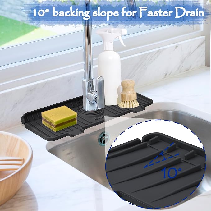 Amerner Kitchen Sink Splash Guard, 10° Large Slope & Adaptable Hole Faucet Mat - Image 3