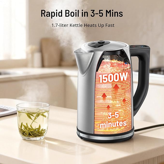 Electric Kettle Temperature Control, 1.7L Electric Kettle with 6 Temperature Settings, 1500W Cordless Hot Water Boiler Heater, Strix Thermostat, Touch Control, Auto-Shutoff/Boil-Dry Protection