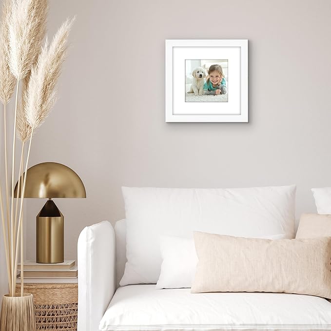 Americanflat 8x8 Picture Frame with Shatter-Resistant Glass - Use as 5x5 Frame with Mat or Display 8x8 Photo Without Mat - Signature Collection - Square Frames for Tabletop and Wall Display - White