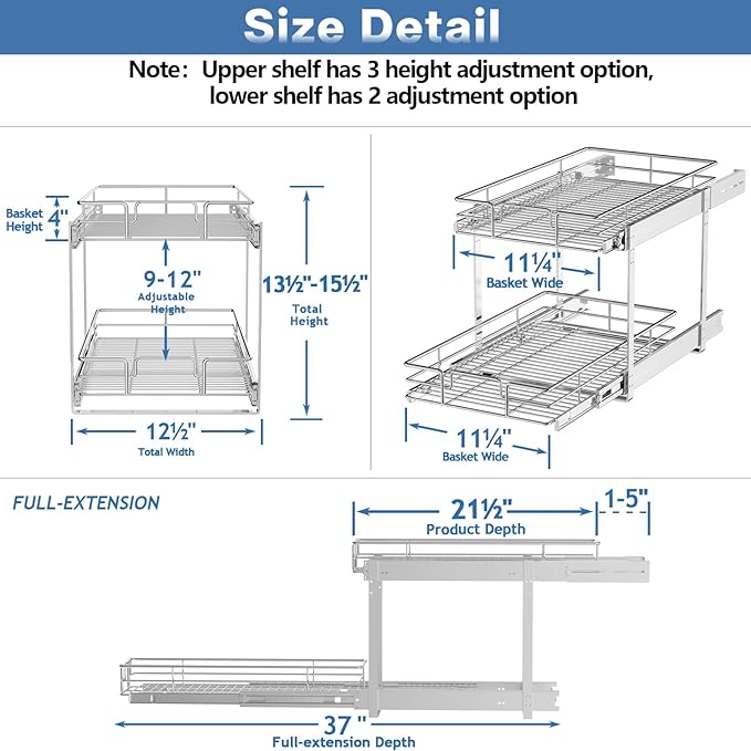 ROOMTEC Individual Pull Out Cabinet Organizer (12½" W x 21½" D), 2 Tier Spice Rack Organizer for Cabinet, Slide Out Drawer Pantry Shelf Organization and Storage for Kitchen Bathroom