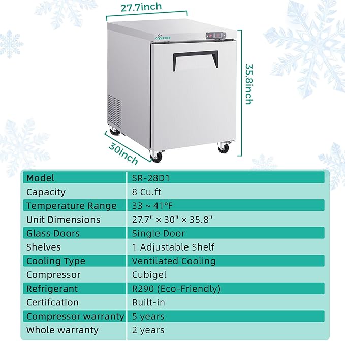 28" Commercial Worktop Refrigerator, 8 Cu.ft Single Door Stainless Steel Prep Table Fridge, R290 Undercounter Refrigerator with Casters