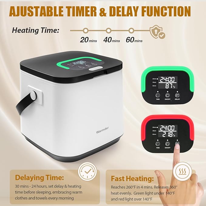 Towel Warmer Bucket, Towel Warmers for Bathroom with LED Display, Ajustable Timer, Child Lock, Delay Time Up to 24 Hours, Auto Shut-Off, Fits 40” x 70“ Towel, Blankets Bathrobes PJ's