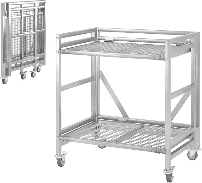 2 Shelf Rolling Cart with Wheels, 660lbs Capacity Collapsible Steel Rolling Utility Cart, Heavy-Duty Foldable Hand Truck, Metal Storage Carts with Handle for Groceries, Warehouse (36" Lx26 W)