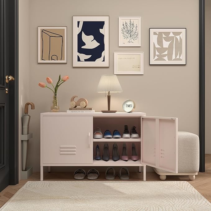 Metal Cabinets,2 Door Cabinet with Adjustable Shelf,Pink Storage Cabinet for Bedroom,Living Room,Pink