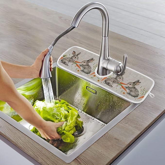 Cute Grey Bunny Carrot Daisy Sink Mat - Image 9