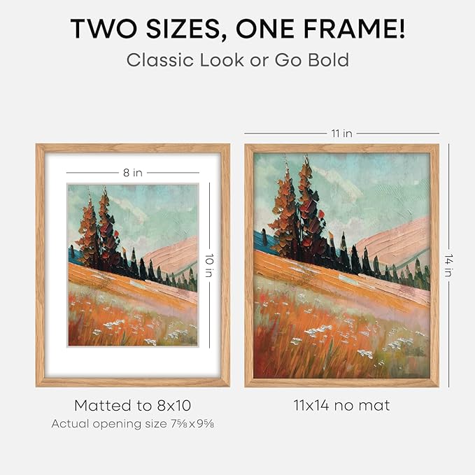 Homeforia 11x14 Picture Frame Wood, High End Natural Oak 11x14 Light Wooden Poster Frames with Mat 8x10, 11 x 14 Frames Matted to 8 x 10 Photo, 14x11 Hanging Frames, Tempered Glass, Wall Kit, Set of 2