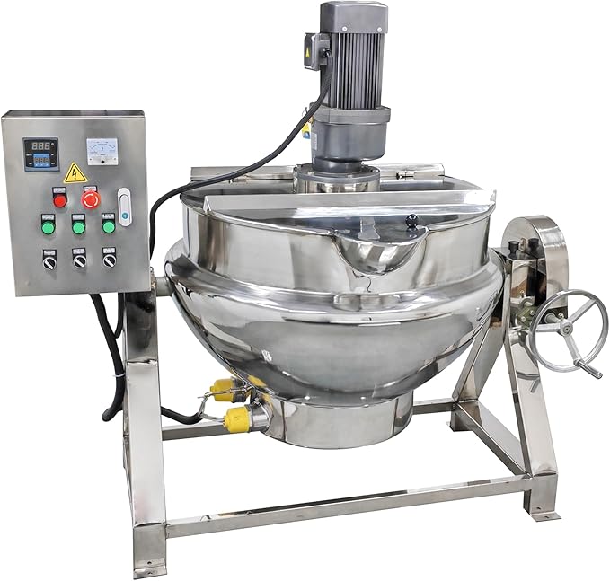 Jacketed Cooking Pot Electric Jacketed Kettle with Stirrer Commercial Stainless Steel Tiltable Jacketed Pot 200L 52.8Gallon Capacity for Soup Chili Sauce Beverage Jam Porridge 220V