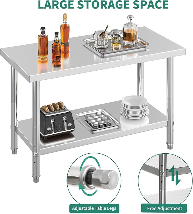 YITAHOME NSF Stainless Steel Table, 48" X 24" Work Table w/Undershelf, Heavy Duty Prep Table for Home Kitchen Commercial Restaurant Garage Warehouse Outdoor