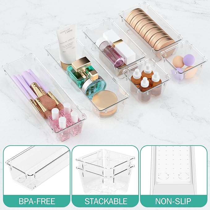 6 Pack Clear Drawer Organizer Set, Drawer Storage Trays, Storage Bins | Acrylic - Image 3