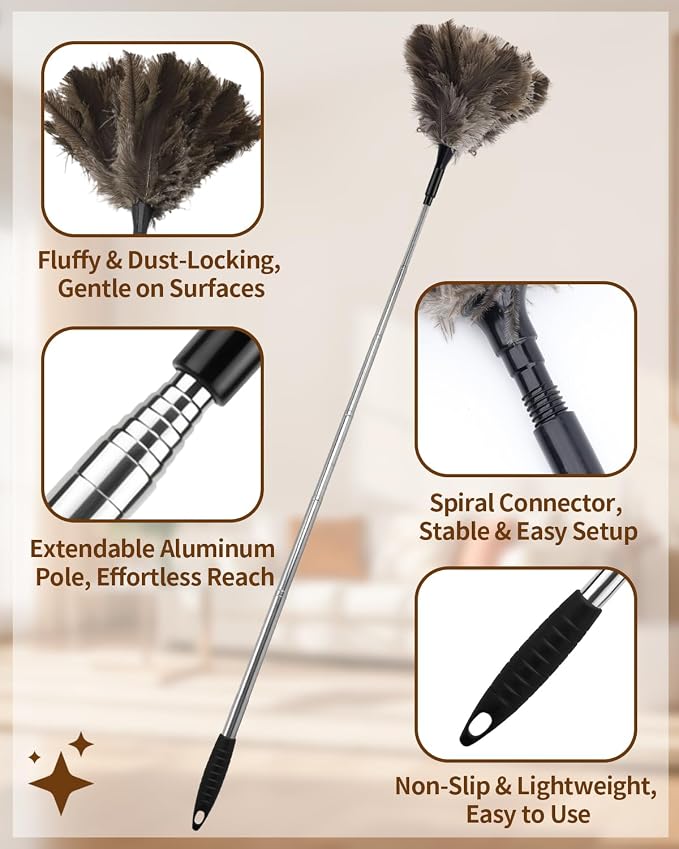 Ostrich Feather Duster, 18-48 Inch Extendable Feather Duster - Image 3