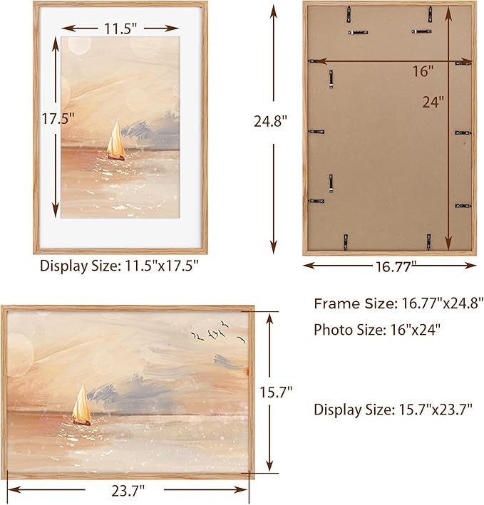 Fun Memories 16x24 Picture Frame for Wall, Solid Oak Wood With Real Glass, Matted to 12x18, Poster Frame (Beige Oak Color, 2 Pack)