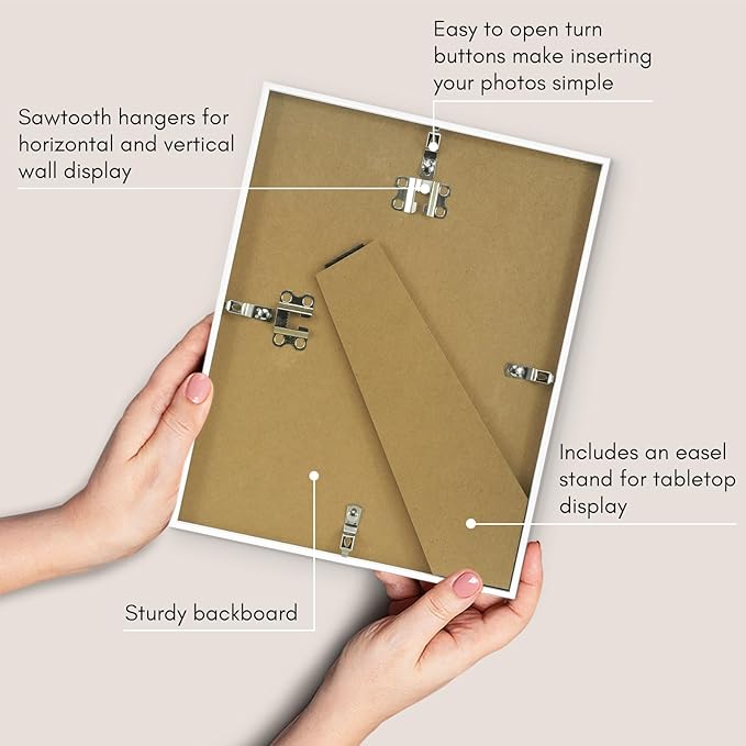 Americanflat 8.5x11 Picture Frame with Shatter-Resistant Glass - Streamline Collection - Thin Border Photo Frame for Tabletop and Wall Display - Hanging Hardware and Easel Stand Included - White