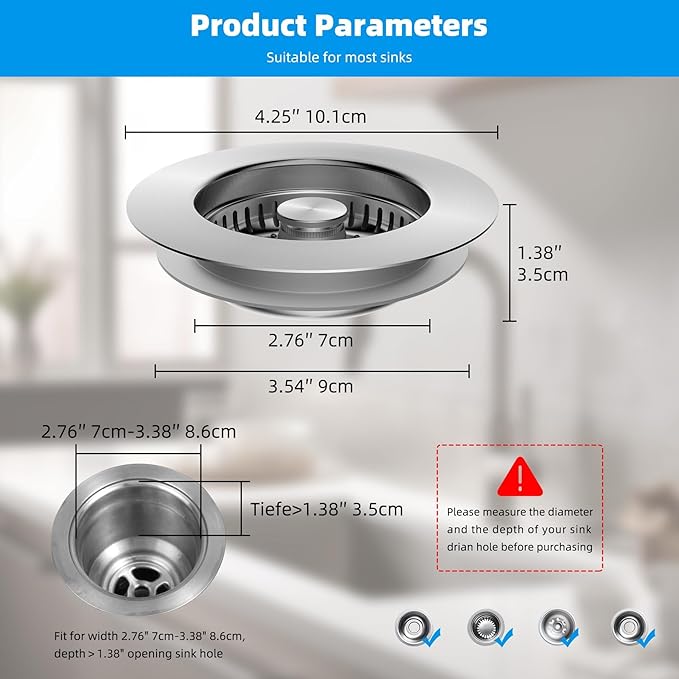 Kitchen Sink Drain Stopper with Removable Basket, Pop-Up Sink Plug for Standard Kitchen Drains, Stainless Steel Drain Cover with Anti-Debris Design