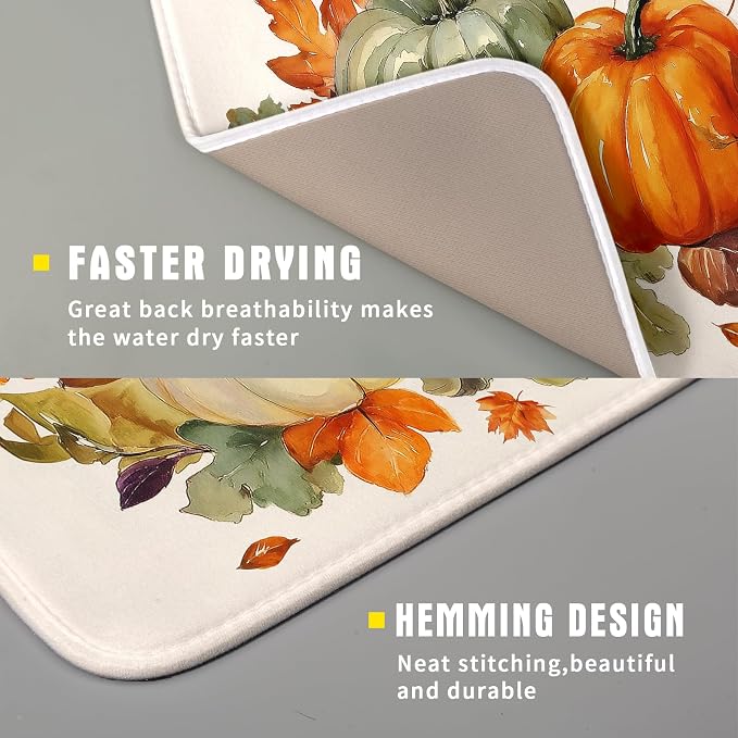 Giwawa Fall Pumpkin Dish Drying Mat Autumn Leaves Absorbent Dishes Pad 16x18 - Image 3