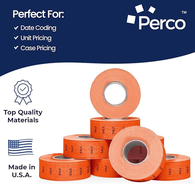 Perco 1 Line Fluorescent Red Sale Labels - 32 Rolls, 4 Sleeves, 32,000 Blank Price and Date Gun Labels for Perco Lite, X, Plus and Pro 1 Line Price and Date Guns - Made in USA