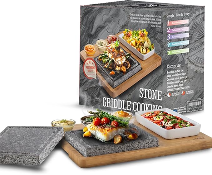 Artestia Hot Stone Steak Cooking Set – 2 Natural Granite Grill Stones + 1 Bamboo Tray +1 Salad Plate & 3 Sauce Bowls – Indoor/Outdoor BBQ Sizzling Steak & Seafood Grilling Gift