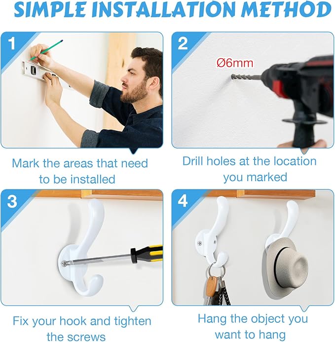 6 Pack Coat Hooks Wall Mount Heavy Duty Utility Retro Double Hooks - Image 5